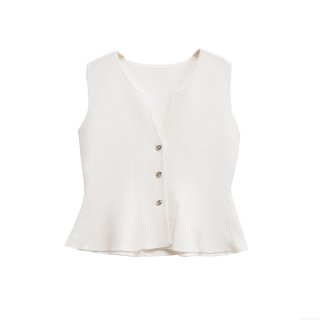 Women's V-Neck Knit Vest Mercerized Cotton Sleeveless Top With Ruffle Hem And Silver Buttons Elegant Slim Fit Waistcoat For Casual Dating Party