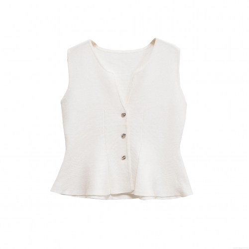 Women's V-Neck Knit Vest Mercerized Cotton Sleeveless Top With Ruffle Hem And Silver Buttons Elegant Slim Fit Waistcoat For Casual Dating Party