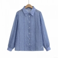 Elegant Denim Print Long Sleeve Shirt Women Lapel Single Breasted Polyester Blouse Casual Commute Office Fashion Spring Tops