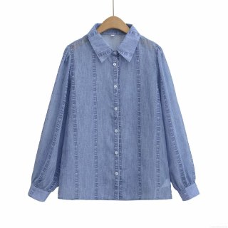 Elegant Denim Print Long Sleeve Shirt Women Lapel Single Breasted Polyester Blouse Casual Commute Office Fashion Spring Tops