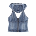 Women Sexy Denim Halter Hooded Top Backless Sleeveless Zipper Front Blue Wash Jean Vest For Streetwear Party Club Summer
