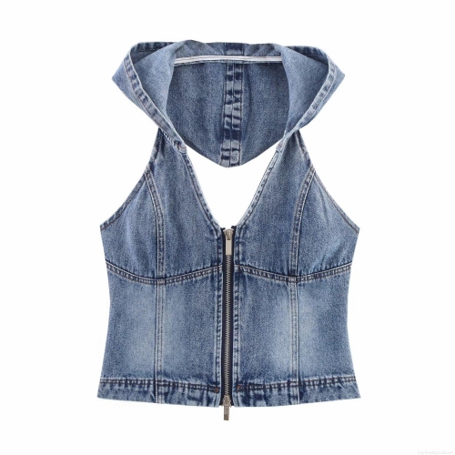 Women Sexy Denim Halter Hooded Top Backless Sleeveless Zipper Front Blue Wash Jean Vest For Streetwear Party Club Summer