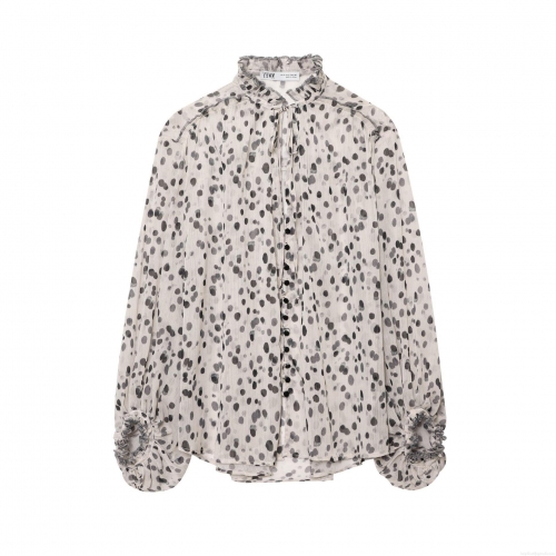 Women's Polka Dot Chiffon Blouse Long Sleeve Ruffle Stand Collar Button Down Shirt Casual Lightweight Tops For Office Daily Ladies Sweet Style