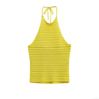 Women's Halter Neck Hollow Out Knit Tank Top Sexy Crochet Sleeveless Slim Fit Solid Color Short Camisole Top For Summer Vacation Party