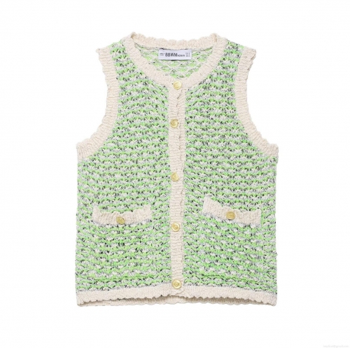 Women's Knitted Vest Wavy Textured Polyester Sleeveless Cardigan With Gold Buttons Retro Casual Knit Waistcoat For Women