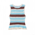 Women's Striped Knitted Tank Top 100% Polyester Crochet Sleeveless Round Neck Crop Vest Casual Summer Beach Top