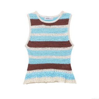 Women's Striped Knitted Tank Top 100% Polyester Crochet Sleeveless Round Neck Crop Vest Casual Summer Beach Top