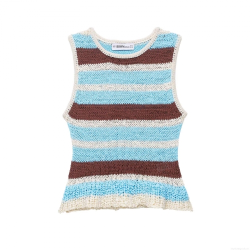 Women's Striped Knitted Tank Top 100% Polyester Crochet Sleeveless Round Neck Crop Vest Casual Summer Beach Top