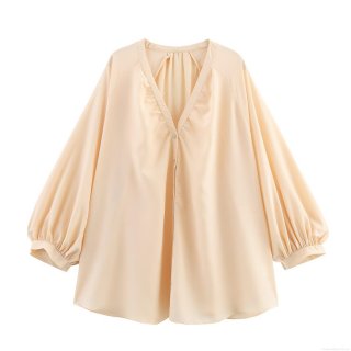 Women's Elegant V-Neck Satin Luster Blouse Oversized Long Sleeve Button Up Shirt For Party Dating Lady Minimalist Polyester Tops
