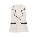 Women Elegant Knitted Vest Sleeveless Suit Lapel Tank Top Contrast Trim Double Breasted Gold Buttons Off-White Knit Waistcoat For Party Office Casual Lady Knitwear
