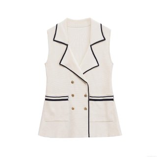 Women Elegant Knitted Vest Sleeveless Suit Lapel Tank Top Contrast Trim Double Breasted Gold Buttons Off-White Knit Waistcoat For Party Office Casual Lady Knitwear
