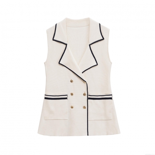 Women Elegant Knitted Vest Sleeveless Suit Lapel Tank Top Contrast Trim Double Breasted Gold Buttons Off-White Knit Waistcoat For Party Office Casual Lady Knitwear