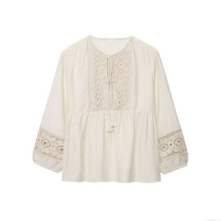 Women's Bohemian Lace Crochet Blouse Splice Long Sleeve Shirt Tassel V-Neck Cotton Linen Blend Top Vacation Casual Elegant Apparel Ladies Clothing