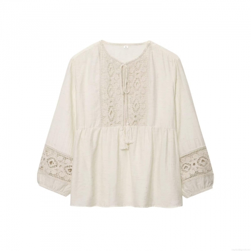 Women's Bohemian Lace Crochet Blouse Splice Long Sleeve Shirt Tassel V-Neck Cotton Linen Blend Top Vacation Casual Elegant Apparel Ladies Clothing