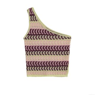 Women Sexy One Shoulder Knit Tank Top Asymmetrical Wave Striped Colorful Crop Top Slim Fit Y2K Aesthetic Sleeveless Camisole For Summer Beach Vacation Party