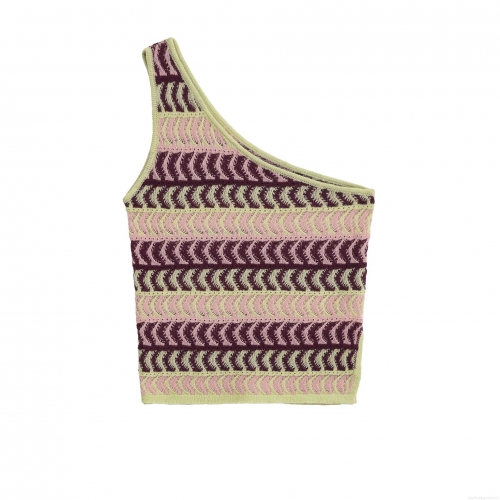 Women Sexy One Shoulder Knit Tank Top Asymmetrical Wave Striped Colorful Crop Top Slim Fit Y2K Aesthetic Sleeveless Camisole For Summer Beach Vacation Party
