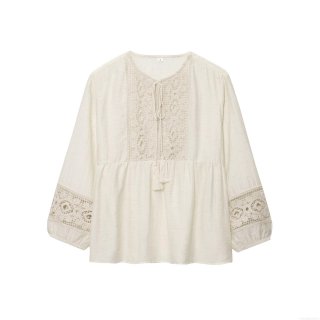 Women's Bohemian Long Sleeve Blouse Crochet Lace Patchwork Shirt With Tassel Tie Round Neck Solid Color Top For Vacation Daily Wear