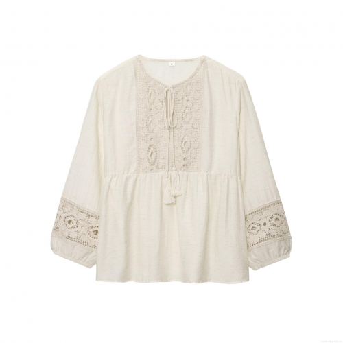 Women's Bohemian Long Sleeve Blouse Crochet Lace Patchwork Shirt With Tassel Tie Round Neck Solid Color Top For Vacation Daily Wear