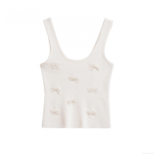 Women's Mercerized Cotton Ribbed Knit Camisole With Pearl Rhinestone Bow Decoration Sleeveless Slim Fit Crop Top For Summer Party Elegant Sexy Socialite Style Tank Top