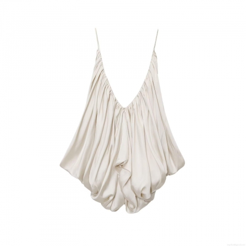 Women's Sexy Ruched Silk Satin Camisole V-Neck Spaghetti Strap Tank Top Solid Pearl White Elegant Slim Fit Pleated Cami Top For Party Streetwear