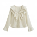 Women's V-Neck Long Sleeve Embroidered Blouse With Ruffles Elegant Polyester Chiffon Shirt For Daily Dating Sweet Retro Style Top