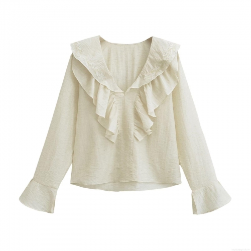 Women's V-Neck Long Sleeve Embroidered Blouse With Ruffles Elegant Polyester Chiffon Shirt For Daily Dating Sweet Retro Style Top