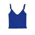 Women's Royal Blue V-Neck Knitted Camisole Top With Ruffle Shoulder Straps And Lettuce Trim Hem Slim Fit Sleeveless Polyester Knit Tank Top For Summer Daily Vacation