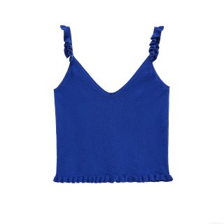 Women's Royal Blue V-Neck Knitted Camisole Top With Ruffle Shoulder Straps And Lettuce Trim Hem Slim Fit Sleeveless Polyester Knit Tank Top For Summer Daily Vacation