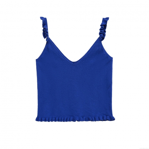 Women's Royal Blue V-Neck Knitted Camisole Top With Ruffle Shoulder Straps And Lettuce Trim Hem Slim Fit Sleeveless Polyester Knit Tank Top For Summer Daily Vacation