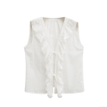 Women's White Sleeveless Shirt Cotton Hollow Out Embroidery Ruffle Vest Top French Romantic V-Neck Lace-Up Blouse For Summer Daily Vacation