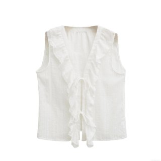 Women's White Sleeveless Shirt Cotton Hollow Out Embroidery Ruffle Vest Top French Romantic V-Neck Lace-Up Blouse For Summer Daily Vacation