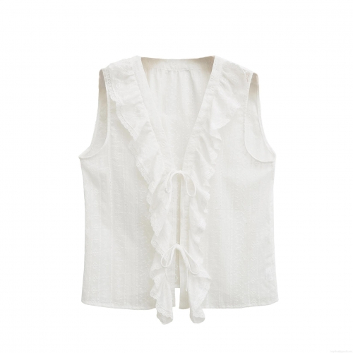 Women's White Sleeveless Shirt Cotton Hollow Out Embroidery Ruffle Vest Top French Romantic V-Neck Lace-Up Blouse For Summer Daily Vacation