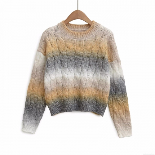 Women's Cable Knit Sweater Ombre Gradient Round Neck Long Sleeve Pullover Polyester Blend Chunky Knit Cropped Top Casual Winter Fall Ladies Fashion Streetwear