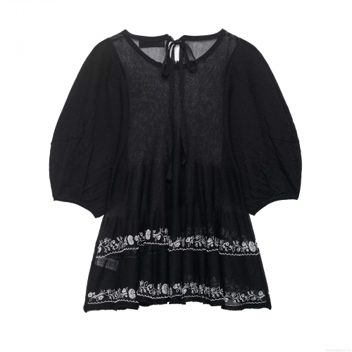 Women's Elegant Floral Embroidered Blouse Sheer Mesh Long Sleeve Top With Tie Neck Bubble Sleeve Casual Retro Polyester Shirt