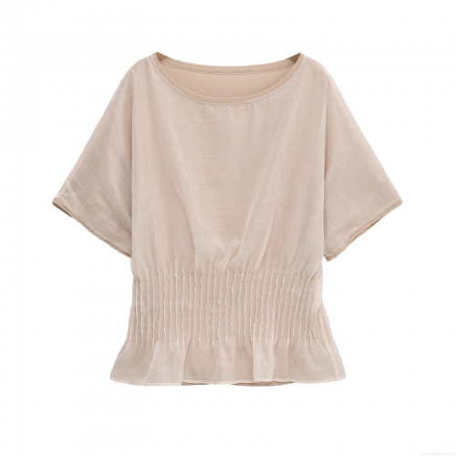 Women's Mercerized Cotton Organza Patchwork Top Round Neck Short Sleeve Smocked Waist Loose Blouse For Casual Daily Wear