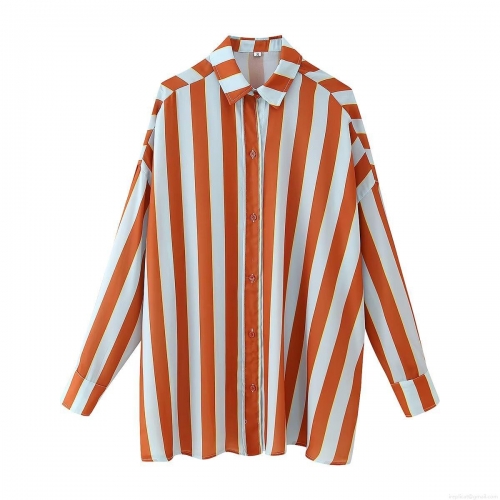 Women's Striped Oversized Button Down Shirt Long Sleeve Polyester Blouse Casual Loose Top For Daily Wear Spring Autumn Fashion Multi-color Striped