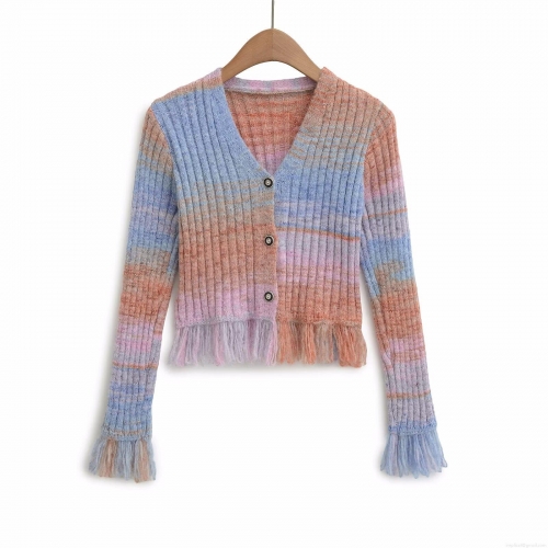 Women's V-Neck Gradient Knit Cardigan Polyester Blend Long Sleeve Tassel Hem Button Cropped Sweater Rainbow Striped Slim Fit Top for Daily Casual Vacation INS Style Outwear