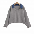 Women's Patchwork Knitted Sweater Loose Long Sleeve V-Neck Denim Collar Pullover Casual Knitwear Top For Women Grey