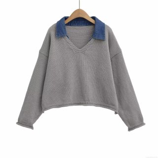 Women's Patchwork Knitted Sweater Loose Long Sleeve V-Neck Denim Collar Pullover Casual Knitwear Top For Women Grey