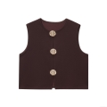Women Round Neck Sleeveless Vest Top Retro Solid Color Polyester Short Waistcoat With Gold Shell Buttons Decoration Vintage Casual Tank Top