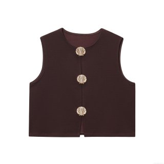 Women Round Neck Sleeveless Vest Top Retro Solid Color Polyester Short Waistcoat With Gold Shell Buttons Decoration Vintage Casual Tank Top