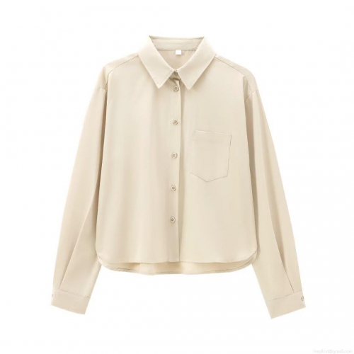 Women's Long Sleeve Button Down Polyester Twill Shirt Elegant Solid Color Lapel Collar Blouse With Pocket Casual Office Work Tops