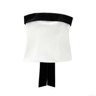 Women's Sexy Contrast Color Velvet Bow Tube Top Elegant Slim Fit Strapless Satin Bandeau Top For Club Party Evening Wear INS Style