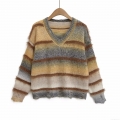 Women's V-Neck Knit Sweater Gradient Striped Distressed Ripped Shaggy Fringe Long Sleeve Oversized Lazy Style Casual Pullover Jumper Knitwear