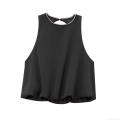 Elegant Sleeveless Matte Satin Polyester Vest Top With Rhinestone Round Neck Sexy Backless Balloon Hem Short Camisole For Women Summer Party