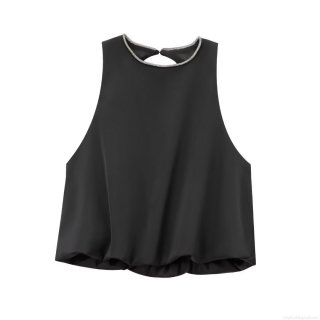 Elegant Sleeveless Matte Satin Polyester Vest Top With Rhinestone Round Neck Sexy Backless Balloon Hem Short Camisole For Women Summer Party