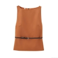 Women Sleeveless Tank Top Caramel Polyester Slim Fit Round Neck Elegant Blouse With Belt For Summer Daily Date Wear Chic Women Tops
