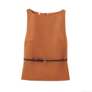 Women Sleeveless Tank Top Caramel Polyester Slim Fit Round Neck Elegant Blouse With Belt For Summer Daily Date Wear Chic Women Tops