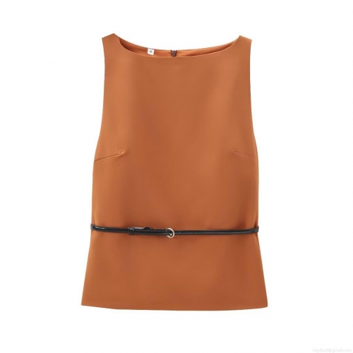 Women Sleeveless Tank Top Caramel Polyester Slim Fit Round Neck Elegant Blouse With Belt For Summer Daily Date Wear Chic Women Tops
