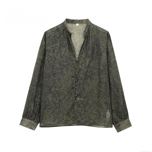 Vintage Paisley Print Long Sleeve Chiffon Blouse Women's Button Down Shirt With Velvet Trim Olive Green Elegant Office Daily Party Top